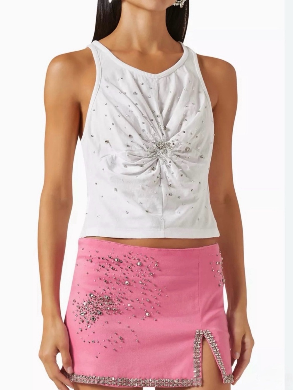 Women's White Rhinestone Front-Twist Tank Top
